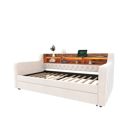 Sofá-cama 90x190 cm - Com arrumação, LED, USB-C, 12 ripas, estrutura em metal e madeira - Bege