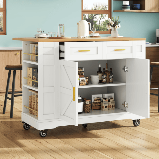 Ilha de cozinha moderna - multifuncional com armazenamento e extensível - branca