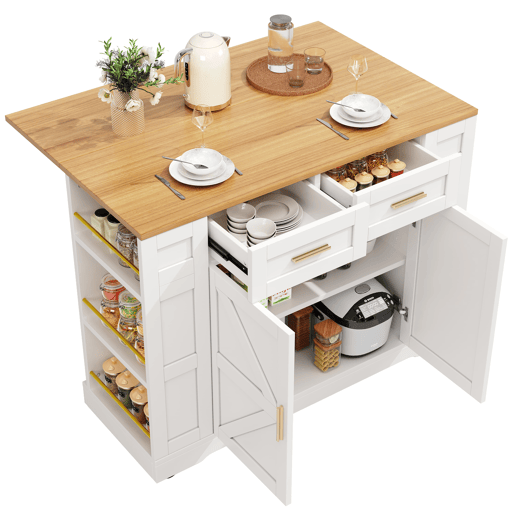 Ilha de cozinha moderna - multifuncional com armazenamento e extensível - branca