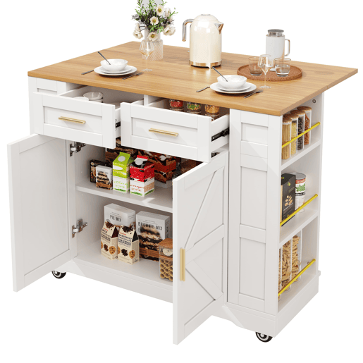 Ilha de cozinha moderna - multifuncional com armazenamento e extensível - branca