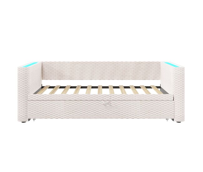 Cama día 90x200 cm - sofá cama multifuncional con barra led - beige