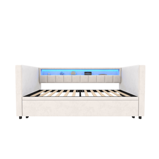 Sofá-cama multifuncional 90x190 cm - Cama extensível, USB-Type-C, LED ambiente, veludo, com arrumação - Bege