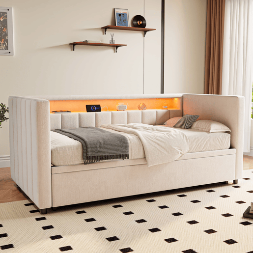 Sofá-cama multifuncional 90x190 cm - Cama extensível, USB-Type-C, LED ambiente, veludo, com arrumação - Bege
