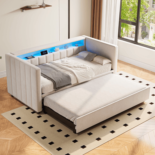 Sofá-cama multifuncional 90x190 cm - Cama extensível, USB-Type-C, LED ambiente, veludo, com arrumação - Bege