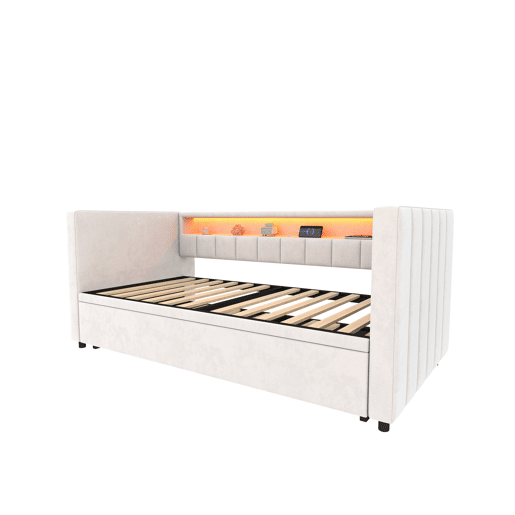 Sofá-cama multifuncional 90x190 cm - Cama extensível, USB-Type-C, LED ambiente, veludo, com arrumação - Bege