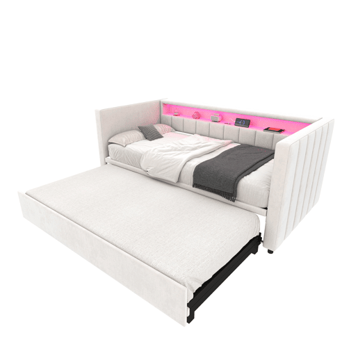 Sofá-cama multifuncional 90x190 cm - Cama extensível, USB-Type-C, LED ambiente, veludo, com arrumação - Bege