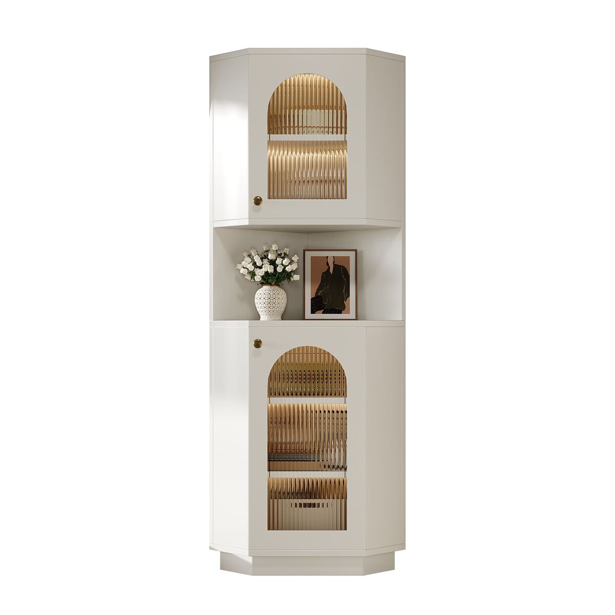 Mueble de baño 45x45x166,5 cm - esquina, luz led, estantes ajustables, abierto - blanco