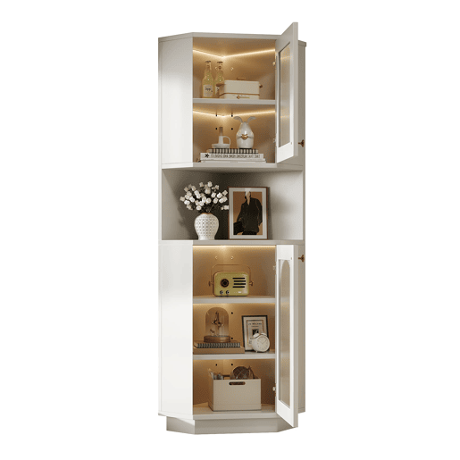 Móvel de casa de banho 45x45x166,5 cm - Esquina, luz LED, prateleiras ajustáveis, aberto - Branco