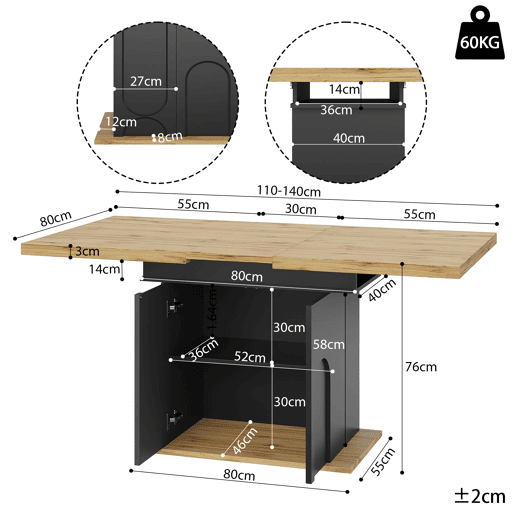 Mesa de jantar extensível 110-140x80 cm - dobrável, 4-6 pessoas, com arrumação - pretanatural Mesa de jantar extensível 110-140x80 cm - dobrável, 4-6 pessoas, com arrumação - pretanatural