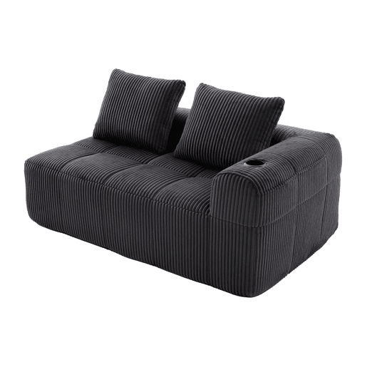 Sofá de 2 lugares - Confortável, com almofadas, bolso lateral e porta-copos - Cinza escuro