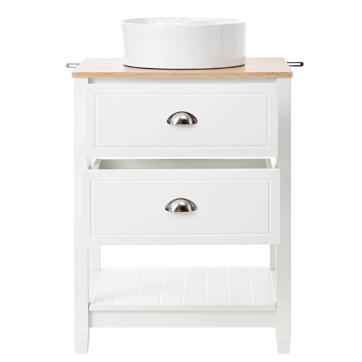 Mueble de baño 60x45x91cm - lavabo cerámico redondo, 2 cajones y estante abierto - blanco+natural