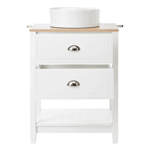Móvel de casa de banho 60x45x91 cm - Lavatório redondo em cerâmica, 2 gavetas e prateleira aberta - Branco+Natural Móvel de casa de banho 60x45x91 cm - Lavatório redondo em cerâmica, 2 gavetas e prateleira aberta - Branco+Natural