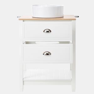 Móvel de casa de banho 60x45x91 cm - Lavatório redondo em cerâmica, 2 gavetas e prateleira aberta - Branco+Natural