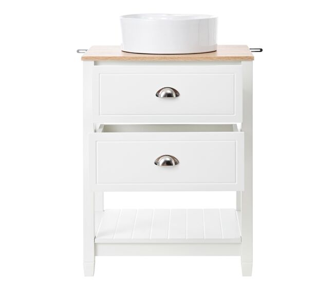 Mueble de baño 60x45x91cm - lavabo cerámico redondo, 2 cajones y estante abierto - blanco+natural