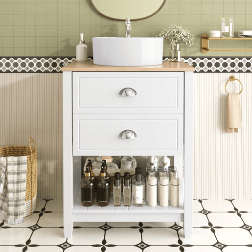 Móvel de casa de banho 60x45x91 cm - Lavatório redondo em cerâmica, 2 gavetas e prateleira aberta - Branco+Natural Móvel de casa de banho 60x45x91 cm - Lavatório redondo em cerâmica, 2 gavetas e prateleira aberta - Branco+Natural
