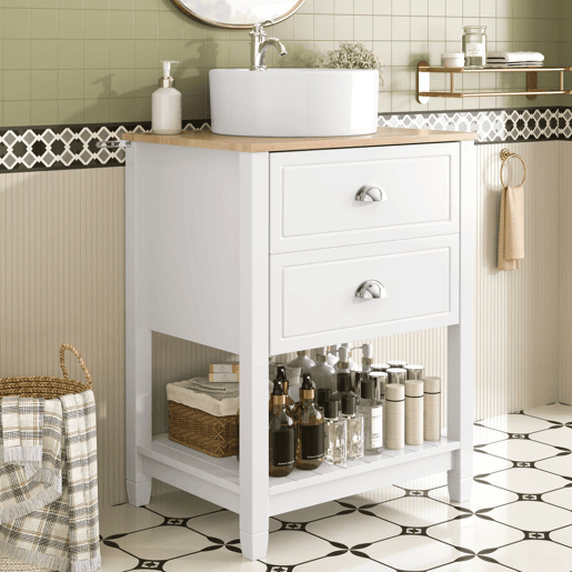 Móvel de casa de banho 60x45x91 cm - Lavatório redondo em cerâmica, 2 gavetas e prateleira aberta - Branco+Natural Móvel de casa de banho 60x45x91 cm - Lavatório redondo em cerâmica, 2 gavetas e prateleira aberta - Branco+Natural