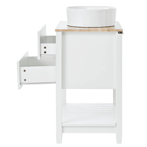 Móvel de casa de banho 60x45x91 cm - Lavatório redondo em cerâmica, 2 gavetas e prateleira aberta - Branco+Natural Móvel de casa de banho 60x45x91 cm - Lavatório redondo em cerâmica, 2 gavetas e prateleira aberta - Branco+Natural