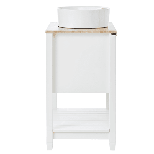 Móvel de casa de banho 60x45x91 cm - Lavatório redondo em cerâmica, 2 gavetas e prateleira aberta - Branco+Natural Móvel de casa de banho 60x45x91 cm - Lavatório redondo em cerâmica, 2 gavetas e prateleira aberta - Branco+Natural