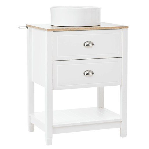 Móvel de casa de banho 60x45x91 cm - Lavatório redondo em cerâmica, 2 gavetas e prateleira aberta - Branco+Natural Móvel de casa de banho 60x45x91 cm - Lavatório redondo em cerâmica, 2 gavetas e prateleira aberta - Branco+Natural