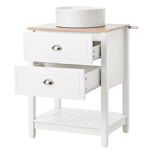 Móvel de casa de banho 60x45x91 cm - Lavatório redondo em cerâmica, 2 gavetas e prateleira aberta - Branco+Natural Móvel de casa de banho 60x45x91 cm - Lavatório redondo em cerâmica, 2 gavetas e prateleira aberta - Branco+Natural