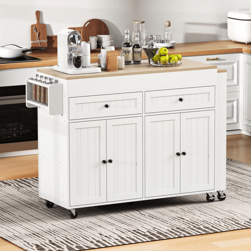 Ilha de cozinha com rodas extensível - bancada e gavetas - branco e natural