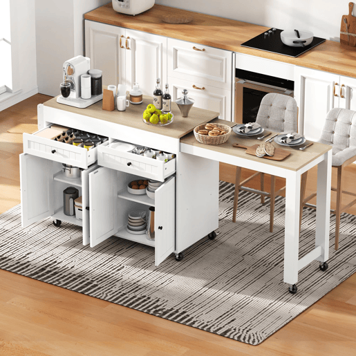 Ilha de cozinha com rodas extensível - bancada e gavetas - branco e natural