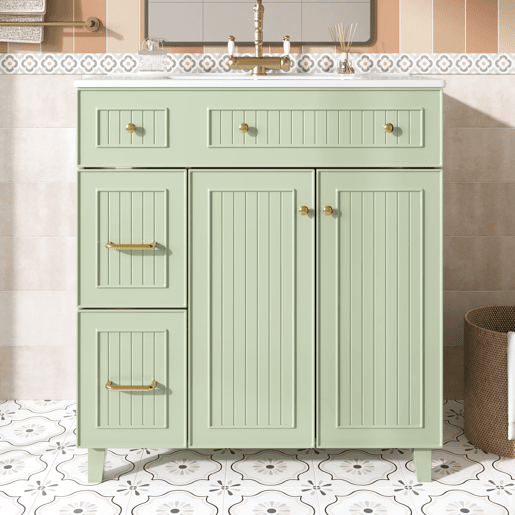 Móvel de casa de banho 81,7 cm - Lavatório cerâmico, arrumação multifuncional, pés em madeira, design moderno - Verde Móvel de casa de banho 81,7 cm - Lavatório cerâmico, arrumação multifuncional, pés em madeira, design moderno - Verde