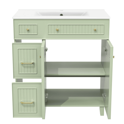 Móvel de casa de banho 81,7 cm - Lavatório cerâmico, arrumação multifuncional, pés em madeira, design moderno - Verde Móvel de casa de banho 81,7 cm - Lavatório cerâmico, arrumação multifuncional, pés em madeira, design moderno - Verde