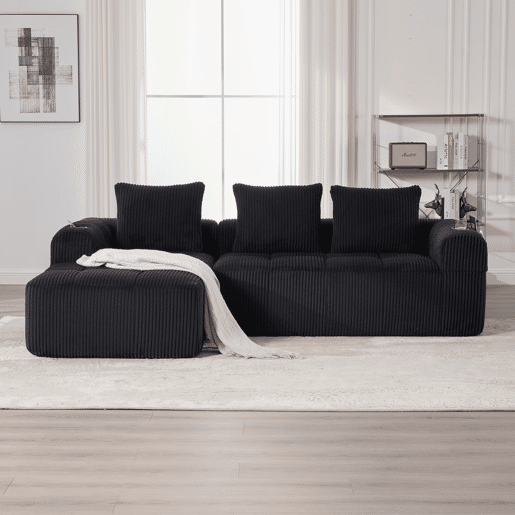 Sofá compacto de 4 lugares - Modular, com bolso lateral e suporte para bebidas - Preto