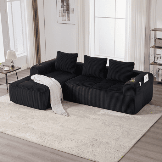 Sofá compacto de 4 lugares - Modular, com bolso lateral e suporte para bebidas - Preto