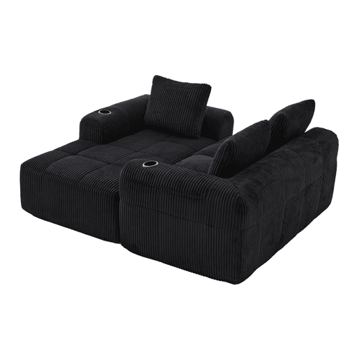 Sofá compacto de 4 lugares - Modular, com bolso lateral e suporte para bebidas - Preto