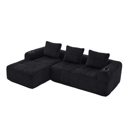 Sofá compacto de 4 lugares - Modular, com bolso lateral e suporte para bebidas - Preto