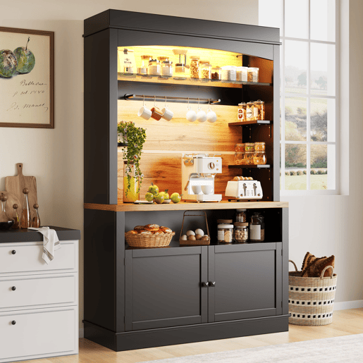 Armário de cozinha alto 107x43x184 cm - vitrina com LED e prateleiras abertas - preto
