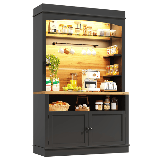 Armário de cozinha alto 107x43x184 cm - vitrina com LED e prateleiras abertas - preto
