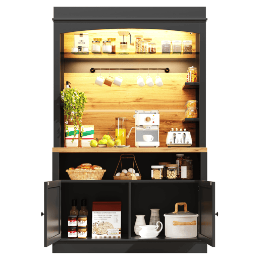 Armário de cozinha alto 107x43x184 cm - vitrina com LED e prateleiras abertas - preto