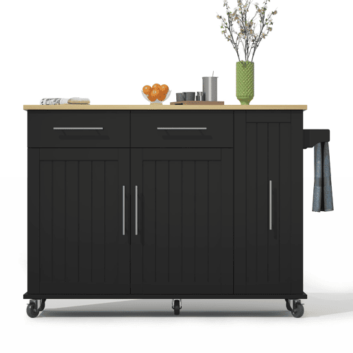 Ilha de cozinha 107 cm - Carrinho móvel com 3 níveis, arrumação e 2 gavetas - Preto+Natural