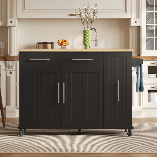 Ilha de cozinha 107 cm - Carrinho móvel com 3 níveis, arrumação e 2 gavetas - Preto+Natural