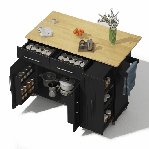 Ilha de cozinha 107 cm - Carrinho móvel com 3 níveis, arrumação e 2 gavetas - Preto+Natural