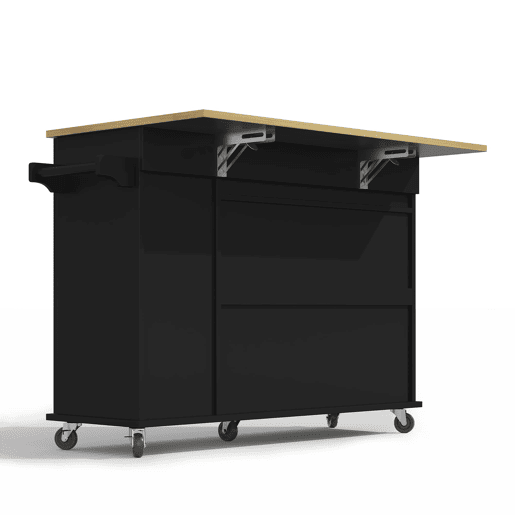 Ilha de cozinha 107 cm - Carrinho móvel com 3 níveis, arrumação e 2 gavetas - Preto+Natural