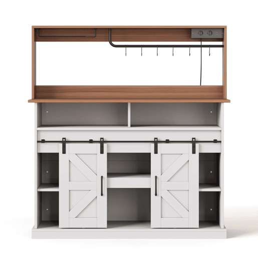 Barra de café 120 cm - com porta-copos, tomadas e espaço de armazenamento, estilo rústico - Branco