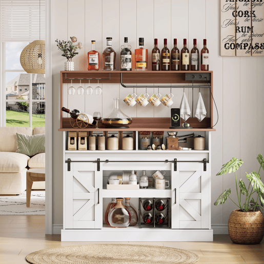 Barra de café 120 cm - com porta-copos, tomadas e espaço de armazenamento, estilo rústico - Branco