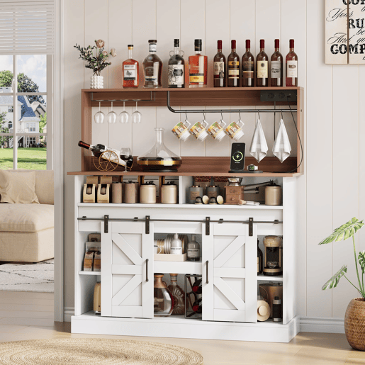 Barra de café 120 cm - com porta-copos, tomadas e espaço de armazenamento, estilo rústico - Branco
