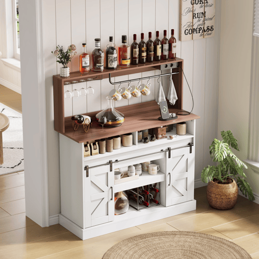 Barra de café 120 cm - com porta-copos, tomadas e espaço de armazenamento, estilo rústico - Branco