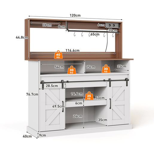 Barra de café 120 cm - com porta-copos, tomadas e espaço de armazenamento, estilo rústico - Branco