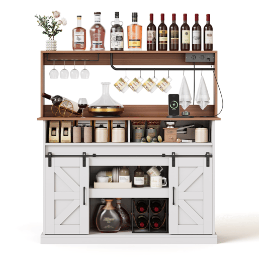 Barra de café 120 cm - com porta-copos, tomadas e espaço de armazenamento, estilo rústico - Branco