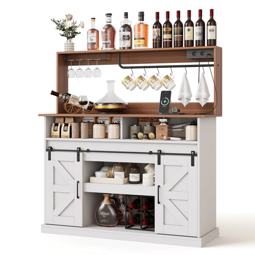 Barra de café 120 cm - com porta-copos, tomadas e espaço de armazenamento, estilo rústico - Branco