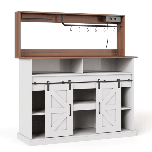 Barra de café 120 cm - com porta-copos, tomadas e espaço de armazenamento, estilo rústico - Branco