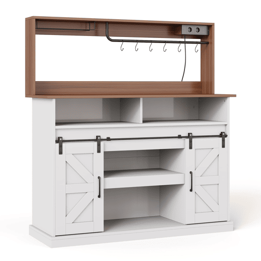 Barra de café 120 cm - com porta-copos, tomadas e espaço de armazenamento, estilo rústico - Branco