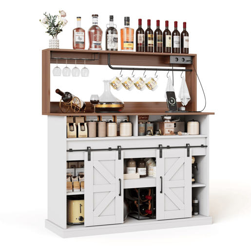 Barra de café 120 cm - com porta-copos, tomadas e espaço de armazenamento, estilo rústico - Branco