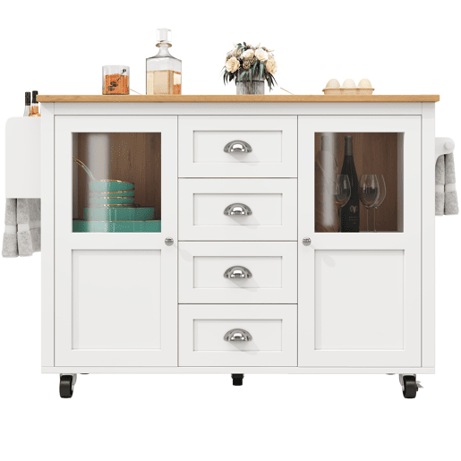 Ilha de cozinha 120x73x93cm - carrinho extraível com rodas, 2 portas, 4 gavetas, prateleiras ajustáveis, branco